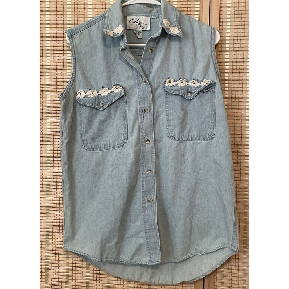 Chazzz Denim Women's Top Size Medium Sleeveless Crochet‎ Floral Pockets Cottage